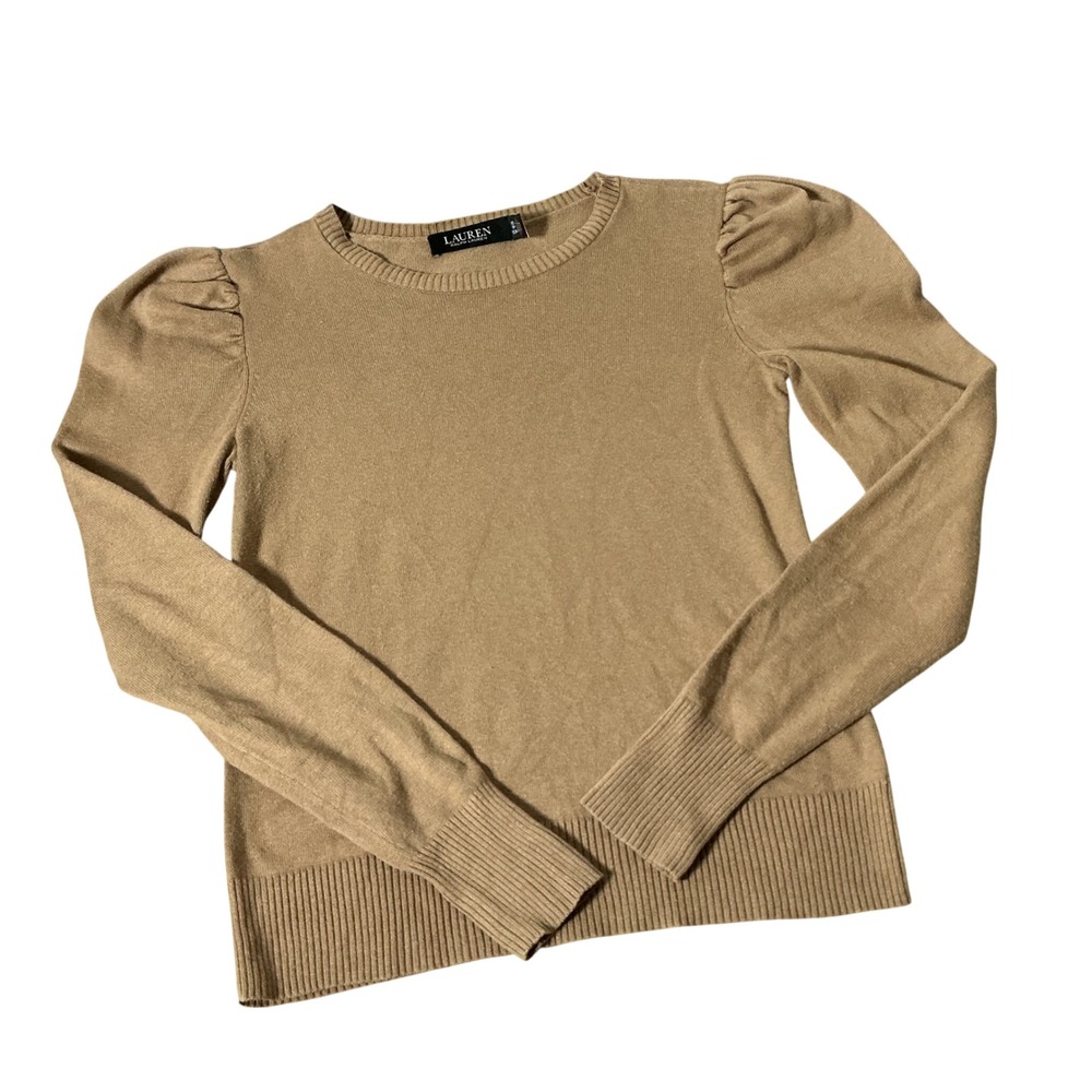 Lauren Ralph Lauren Puff Sleeve Crew Sweater Womens XS Tan Cotton Modal Knit